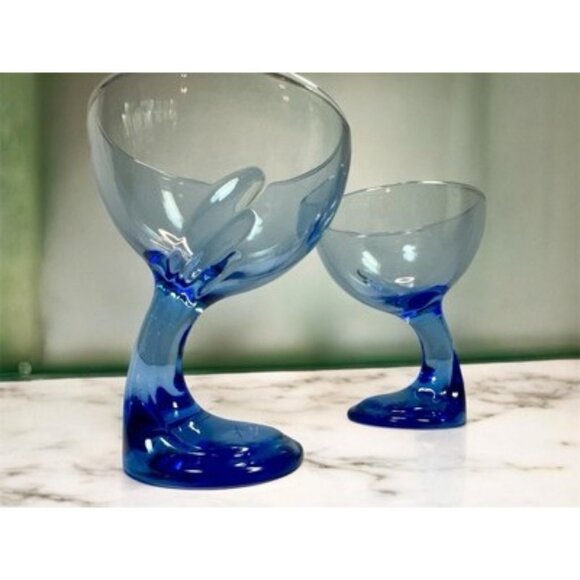 Bormioli Rocco Jerba Footed Dessert Cocktail Glasses Blue Wing Italy Set of 2 - Picture 2 of 16